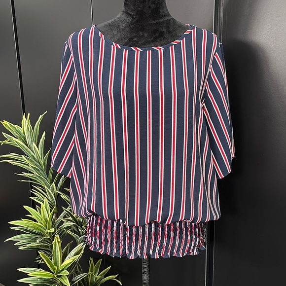 Michael Kors Mid sleeve, vertical stripe, shirred elastic waist, scoop neck top - Picture 1 of 11